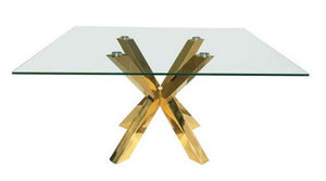 HomeRoots 60" Clear Glass & Gold Metal Cross-Leg Square Dining Table – Modern Elegance for 6, Easy Assembly! 555134