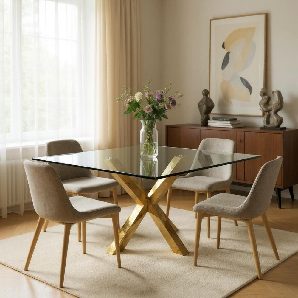 HomeRoots 60" Clear Glass & Gold Metal Cross-Leg Square Dining Table – Modern Elegance for 6, Easy Assembly! 555134