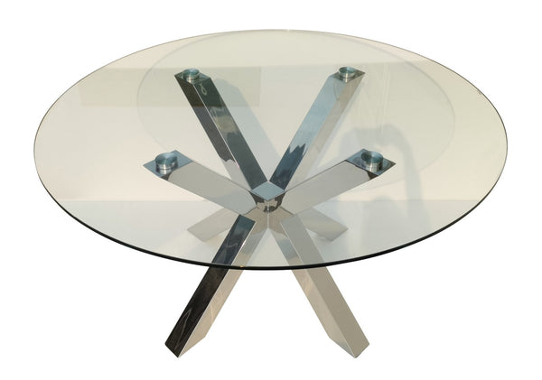 HomeRoots 54" Elegant Round Glass Dining Table with Silver Metal Cross Legs – Seats 6, Modern & Stylish Design 555135