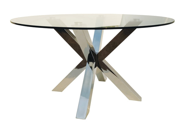 HomeRoots 54" Elegant Round Glass Dining Table with Silver Metal Cross Legs – Seats 6, Modern & Stylish Design 555135