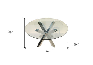 HomeRoots 54" Elegant Round Glass Dining Table with Silver Metal Cross Legs – Seats 6, Modern & Stylish Design 555135