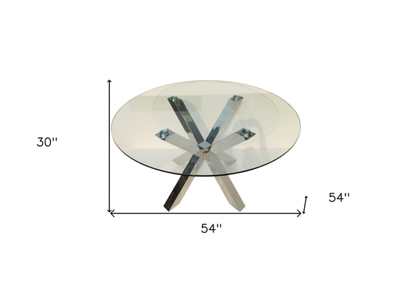 HomeRoots 54" Elegant Round Glass Dining Table with Silver Metal Cross Legs – Seats 6, Modern & Stylish Design 555135