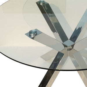 HomeRoots 54" Elegant Round Glass Dining Table with Silver Metal Cross Legs – Seats 6, Modern & Stylish Design 555135