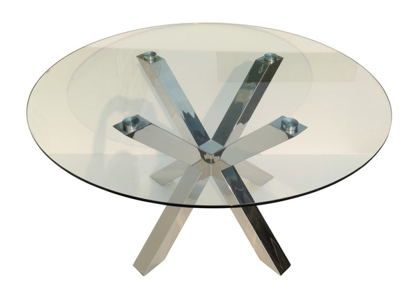 HomeRoots 54" Elegant Round Glass Dining Table with Silver Metal Cross Legs – Seats 6, Modern & Stylish Design 555135