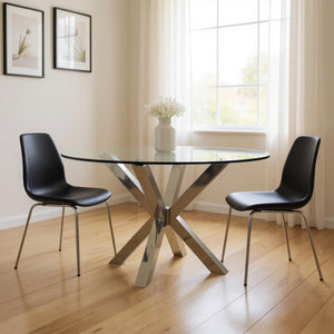 HomeRoots 54" Elegant Round Glass Dining Table with Silver Metal Cross Legs – Seats 6, Modern & Stylish Design 555135