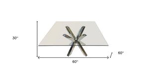 HomeRoots 60" Clear Glass Square Dining Table with Silver Cross-Leg Base – Modern, Elegant & Versatile Design 555136