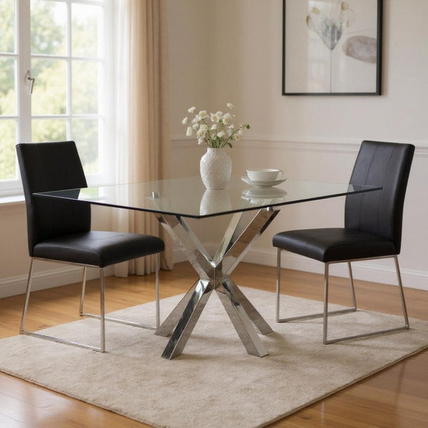 HomeRoots 60" Clear Glass Square Dining Table with Silver Cross-Leg Base – Modern, Elegant & Versatile Design 555136