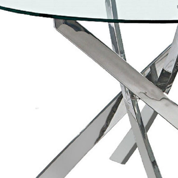 HomeRoots 54" Modern Round Clear Glass Dining Table with Silver Metal Cross-Leg Base for Versatile Living 555137