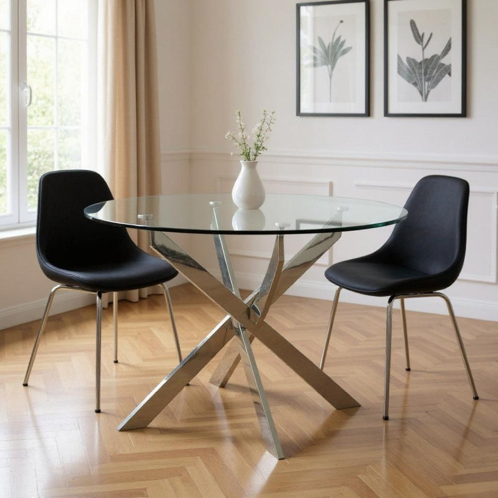 HomeRoots 54" Modern Round Clear Glass Dining Table with Silver Metal Cross-Leg Base for Versatile Living 555137
