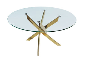 HomeRoots 54" Elegant Round Dining Table with Clear Glass Top & Gold Metal Cross-Leg Base for Modern Homes 555138