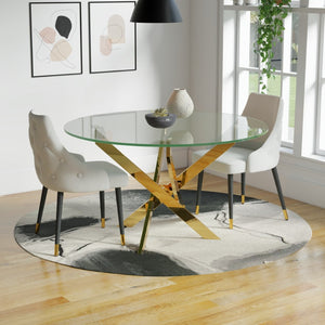 HomeRoots 54" Elegant Round Dining Table with Clear Glass Top & Gold Metal Cross-Leg Base for Modern Homes 555138