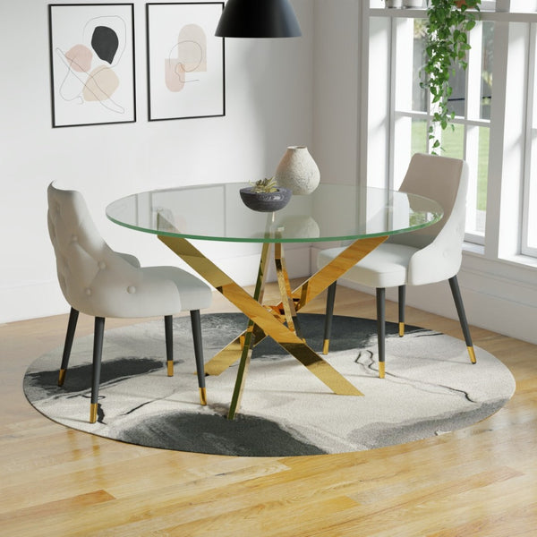 HomeRoots 54" Elegant Round Dining Table with Clear Glass Top & Gold Metal Cross-Leg Base for Modern Homes 555138