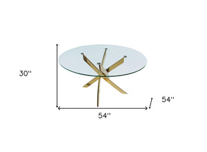 HomeRoots 54" Elegant Round Dining Table with Clear Glass Top & Gold Metal Cross-Leg Base for Modern Homes 555138