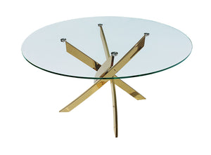 HomeRoots 54" Elegant Round Dining Table with Clear Glass Top & Gold Metal Cross-Leg Base for Modern Homes 555138