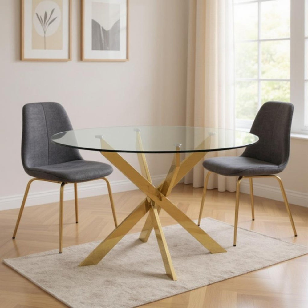 HomeRoots 54" Elegant Round Dining Table with Clear Glass Top & Gold Metal Cross-Leg Base for Modern Homes 555138