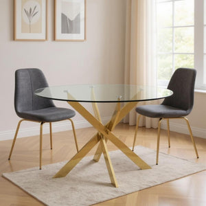 HomeRoots 54" Elegant Round Dining Table with Clear Glass Top & Gold Metal Cross-Leg Base for Modern Homes 555138