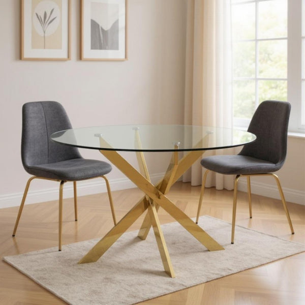 HomeRoots 54" Elegant Round Dining Table with Clear Glass Top & Gold Metal Cross-Leg Base for Modern Homes 555138