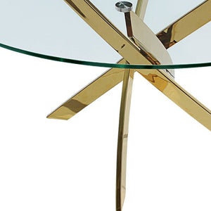 HomeRoots 54" Modern Clear Glass & Gold Metal Cross-Leg Round Dining Table for Elegant Home Gatherings 555139