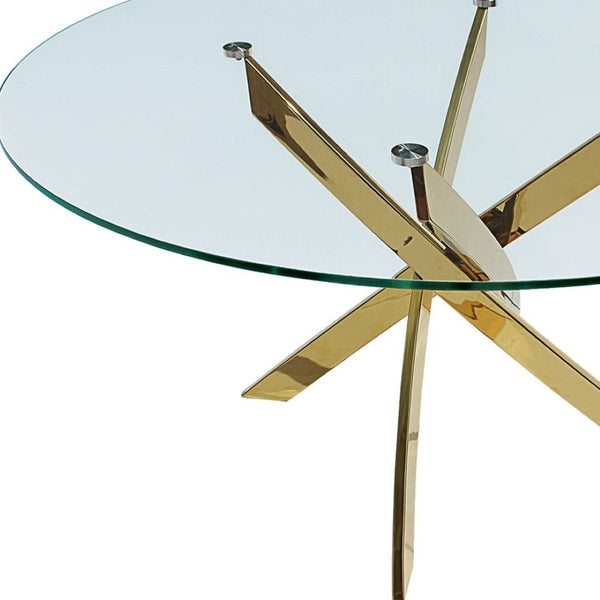 HomeRoots 54" Modern Clear Glass & Gold Metal Cross-Leg Round Dining Table for Elegant Home Gatherings 555139