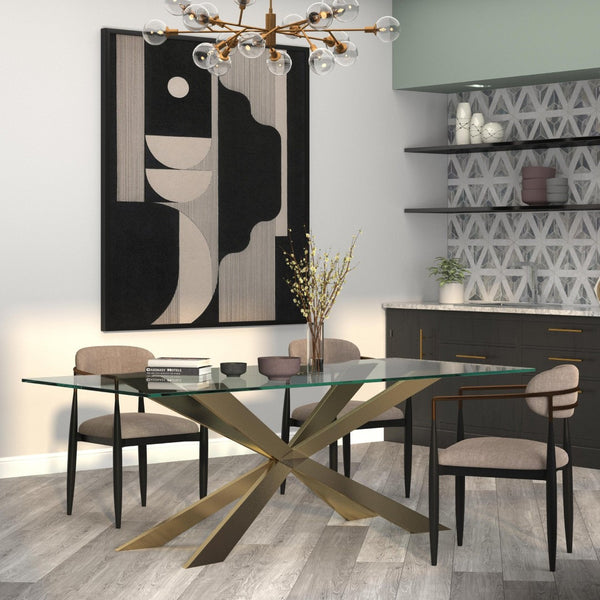 HomeRoots 72" Modern Clear Glass Dining Table with Gold Metal Cross Legs – Sleek, Stylish, and Versatile! 555140