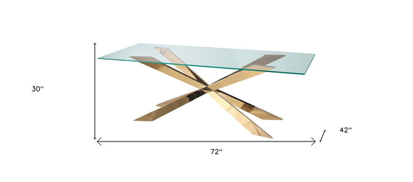 HomeRoots 72" Modern Clear Glass Dining Table with Gold Metal Cross Legs – Sleek, Stylish, and Versatile! 555140