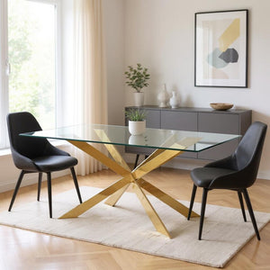 HomeRoots 72" Modern Clear Glass Dining Table with Gold Metal Cross Legs – Sleek, Stylish, and Versatile! 555140