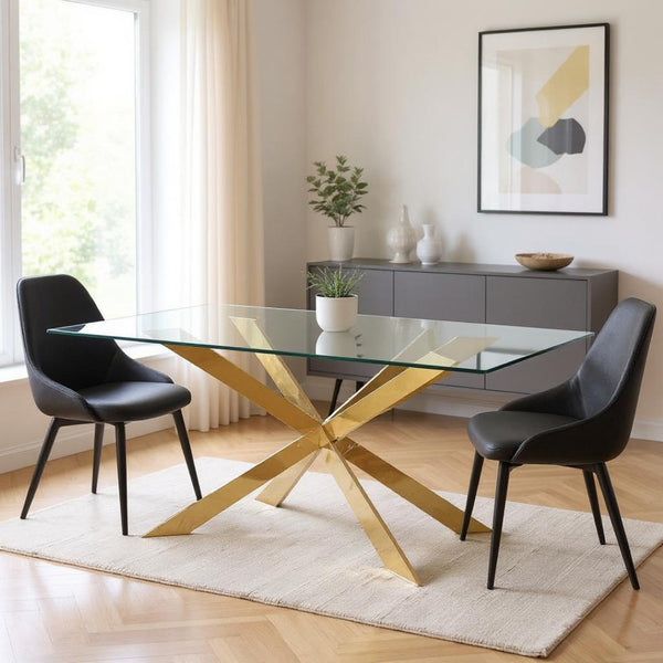 HomeRoots 72" Modern Clear Glass Dining Table with Gold Metal Cross Legs – Sleek, Stylish, and Versatile! 555140