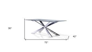 HomeRoots 72" Elegant Clear Glass Dining Table with Polished Silver Cross-Leg Base – Seats 6, Modern Design 555141