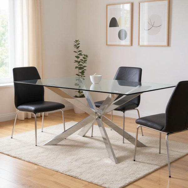 HomeRoots 72" Elegant Clear Glass Dining Table with Polished Silver Cross-Leg Base – Seats 6, Modern Design 555141