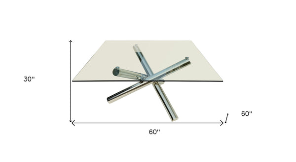 HomeRoots 60" Modern Clear Glass Square Dining Table with Silver Cross-Leg Base - Elegant & Versatile Design 555142