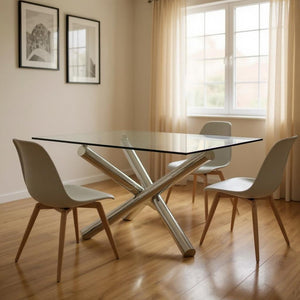 HomeRoots 60" Modern Clear Glass Square Dining Table with Silver Cross-Leg Base - Elegant & Versatile Design 555142