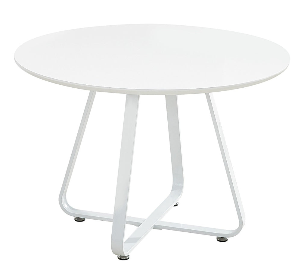 HomeRoots 43" Modern Round Dining Table with Sleek White Finish and Sturdy Metal Sled Base for 6 People 555143