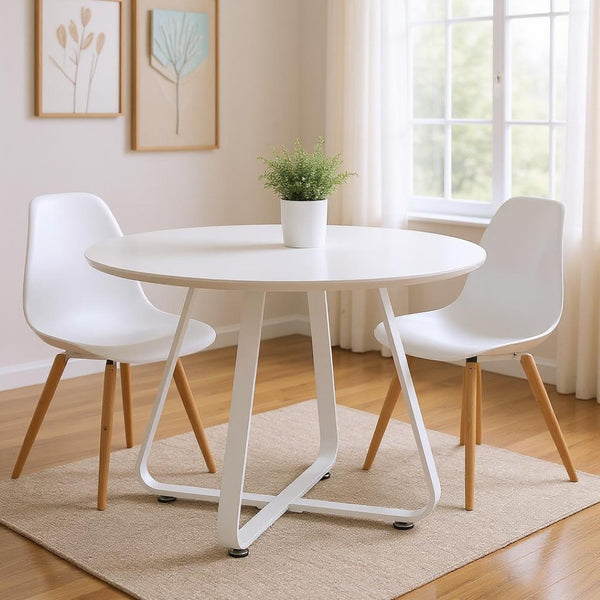 HomeRoots 43" Modern Round Dining Table with Sleek White Finish and Sturdy Metal Sled Base for 6 People 555143