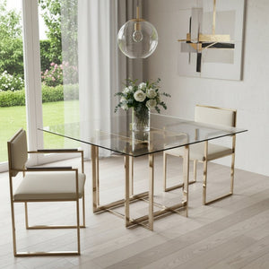 HomeRoots 59" Clear Glass Dining Table with Gold Trestle Base – Modern Minimalist Design for Any Space 555147