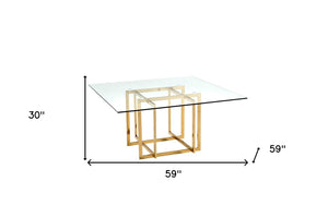HomeRoots 59" Contemporary Clear Glass Square Dining Table with Silver Metal Pedestal Base for 6 People 555148