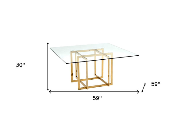 HomeRoots 59" Contemporary Clear Glass Square Dining Table with Silver Metal Pedestal Base for 6 People 555148