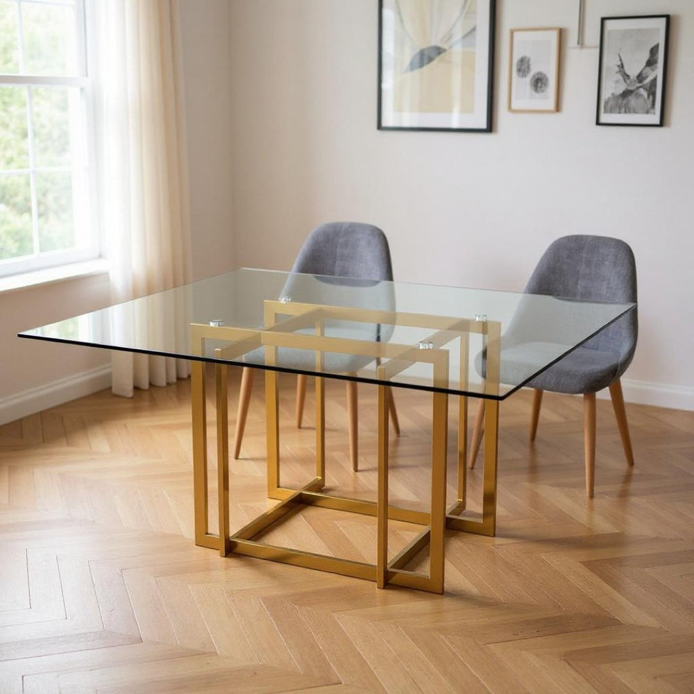 HomeRoots 59" Contemporary Clear Glass Square Dining Table with Silver Metal Pedestal Base for 6 People 555148