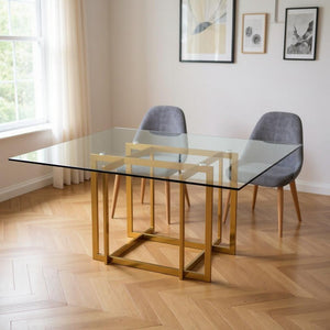 HomeRoots 59" Contemporary Clear Glass Square Dining Table with Silver Metal Pedestal Base for 6 People 555148