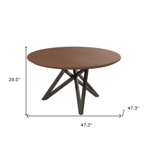 HomeRoots 47" Modern Round Dining Table with Brown Wood Top & Gray Stainless Steel Cross-Leg Base, Seats 6 555149