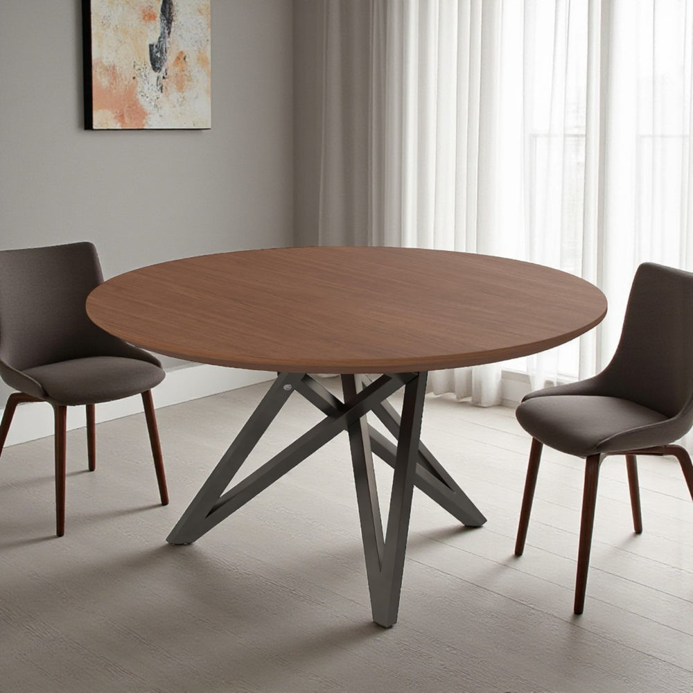 HomeRoots 47" Modern Round Dining Table with Brown Wood Top & Gray Stainless Steel Cross-Leg Base, Seats 6 555149