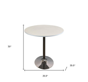 HomeRoots 36" Modern White and Silver Round Dining Table with Pedestal Base – Stylish, Space-Saving Design! 555152