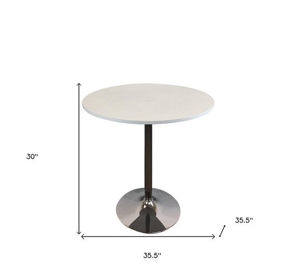 HomeRoots 36" Modern White and Silver Round Dining Table with Pedestal Base – Stylish, Space-Saving Design! 555152