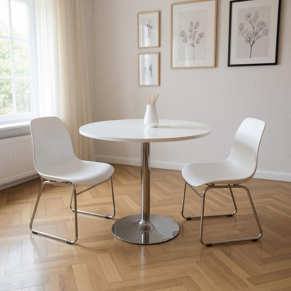 HomeRoots 36" Modern White and Silver Round Dining Table with Pedestal Base – Stylish, Space-Saving Design! 555152