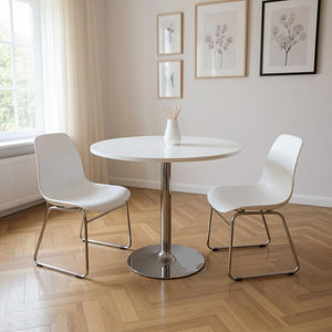 HomeRoots 36" Modern White and Silver Round Dining Table with Pedestal Base – Stylish, Space-Saving Design! 555152
