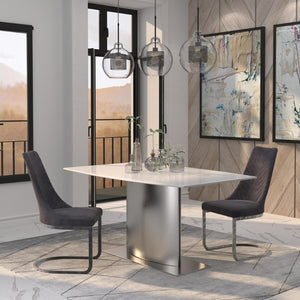 HomeRoots 63" White Marble & Silver Metal Pedestal Dining Table - Modern Design for Family Gatherings & More 555153