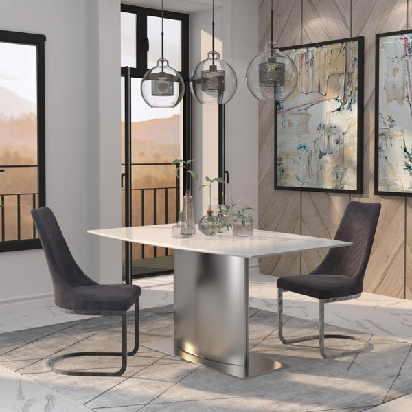 HomeRoots 63" White Marble & Silver Metal Pedestal Dining Table - Modern Design for Family Gatherings & More 555153