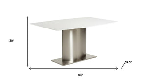 HomeRoots 63" White Marble & Silver Metal Pedestal Dining Table - Modern Design for Family Gatherings & More 555153