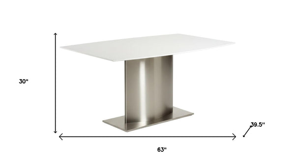 HomeRoots 63" White Marble & Silver Metal Pedestal Dining Table - Modern Design for Family Gatherings & More 555153