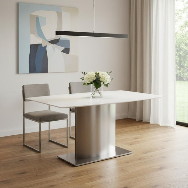 HomeRoots 63" White Marble & Silver Metal Pedestal Dining Table - Modern Design for Family Gatherings & More 555153