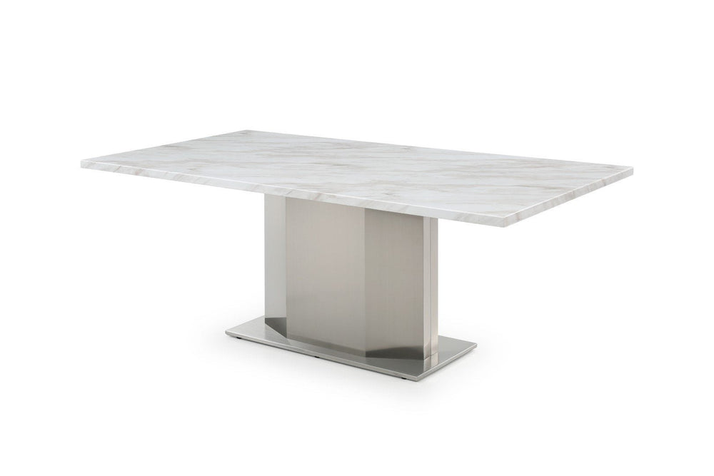 HomeRoots 79" Contemporary Gray White Silver Marble Dining Table with Stainless Steel Pedestal Base, Seats 6 555154